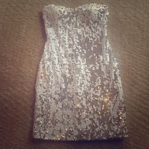Silver & White Sequin Strapless Party Dress