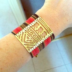 GOLD EGYPTIAN BRACELET CUFF/BRACELET w Red/Black