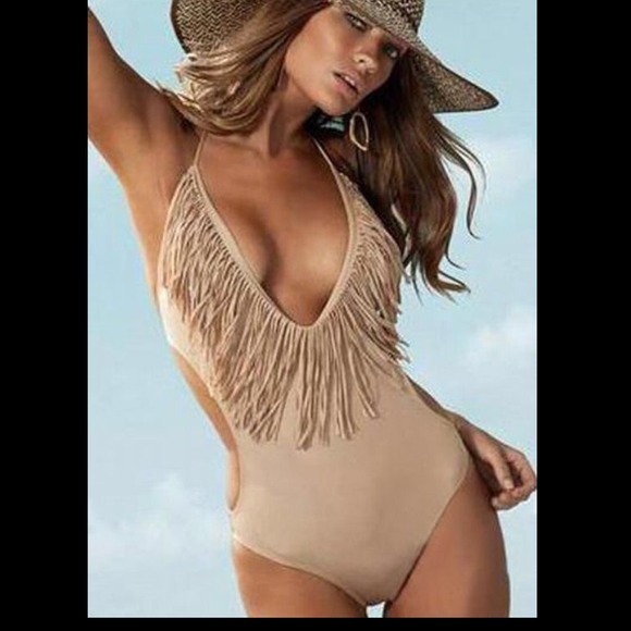 One Piece Fringe Bathing Suit Khaki