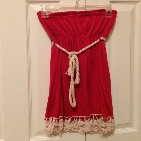 Tops | Red Flowy Tube Top With Rope Belt And Lace Accent | Poshmark