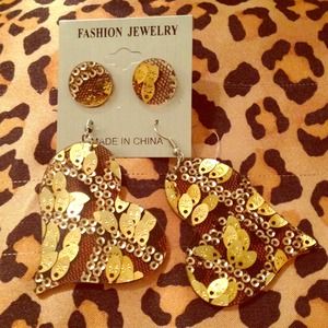 Black lace & gold sequin heart earrings (2pair)
