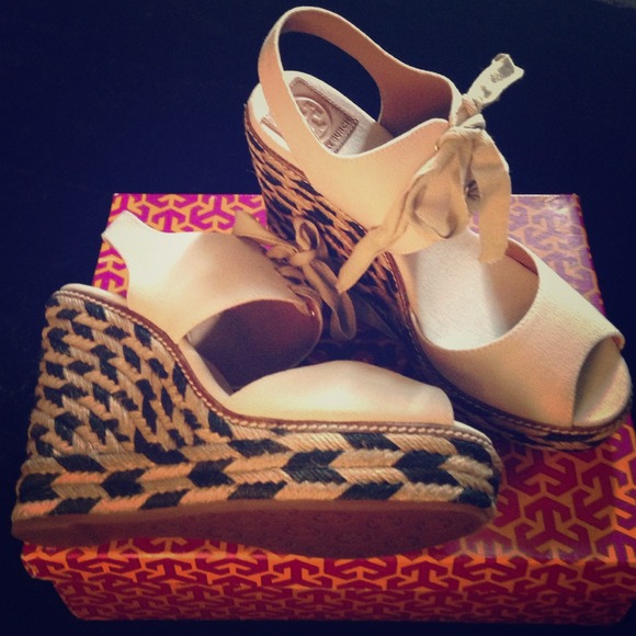 Beige and black Tory Burch wedges