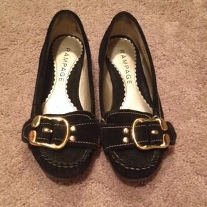 Suede flats with big gold buckle