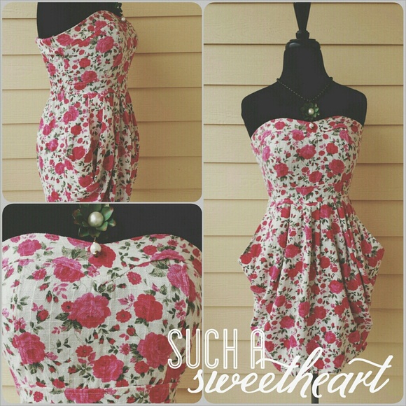 Pink Rose Print Sweetheart Cut Dress w/ Pockets - Picture 1 of 4
