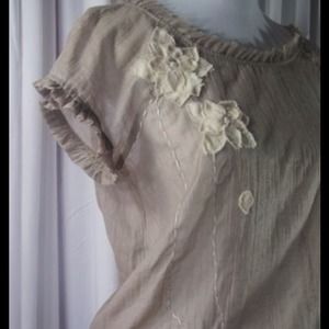 Sheer tan floral tie up sheet sleeve blouse