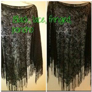 Amazing Black lace fringed poncho