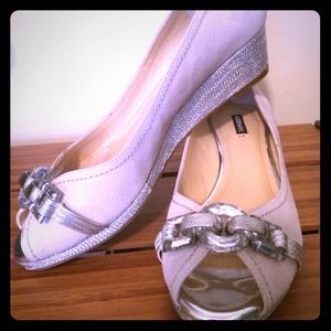Embellished silver wedge flats