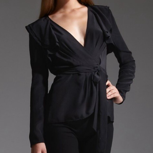 Black silk wrap ruffle blouse