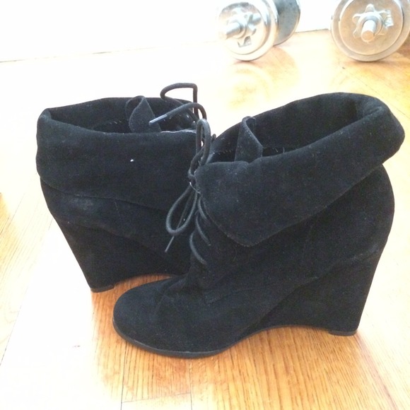 Lace up suede wedge booties