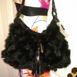 NWT! Black Lattice AUTHENTIC Rabbit Fur Handbag