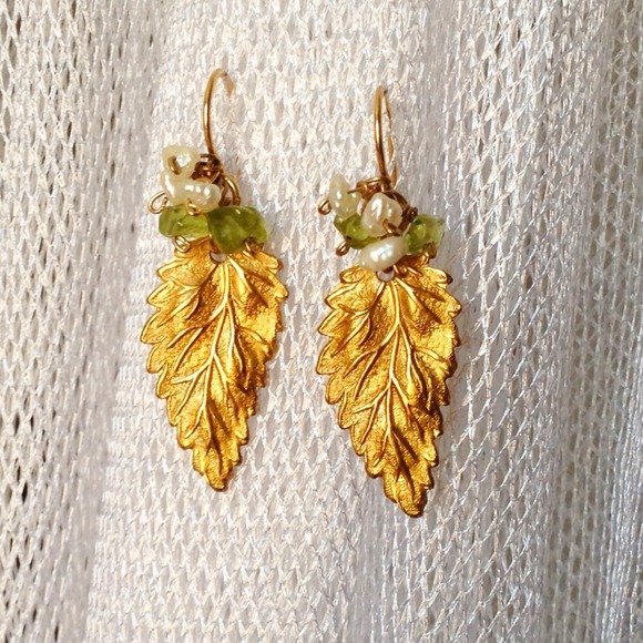 14K GF Pearl & Peridot Leaf Earrings - HANDMADE