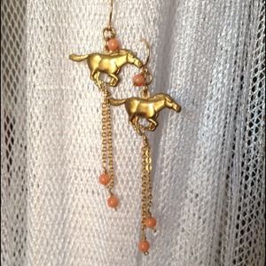 HANDMADE NEW Coral Horse Earrings 14K GF