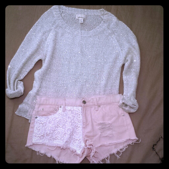 Beige Sequin Loose Knit Sweater