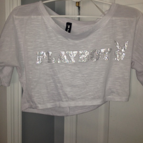 White rhinestone Playboy crop top🐰
