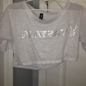 White rhinestone Playboy crop top🐰