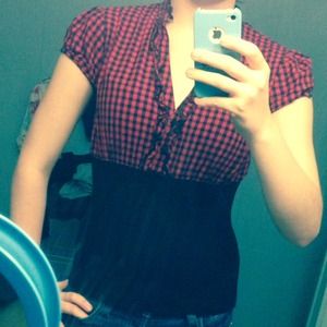 Red checkered and stretchy bottom half shirt.