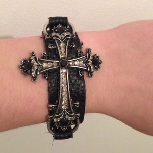 Black leather crystal cross braclet