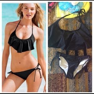 New lightly Ruffled Black & Light Turquoise Bikini
