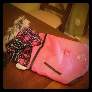 Pink & Plaid Dog Jacket w/ fur hood XL(fits small)