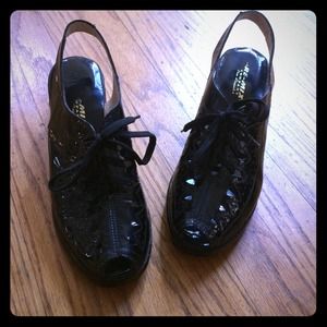 Re-mix patent leather peep toe wedges