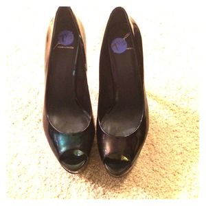 Brian Atwood patent platform peep toe heels