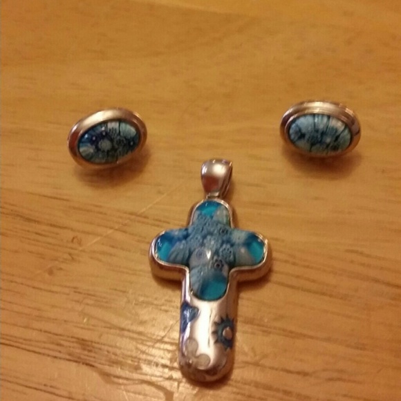 Authentic Murano cross pendant and earrings