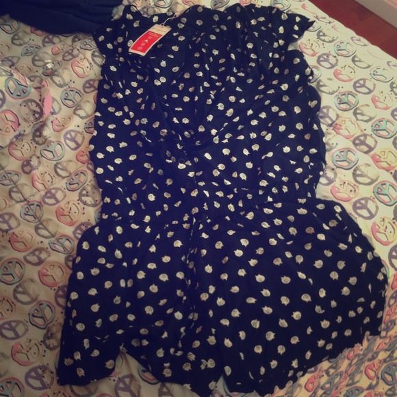 Navy cartoon cat vneck romper