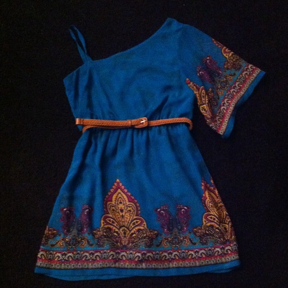 One shoulder turquoise and patterned dress w/ belt