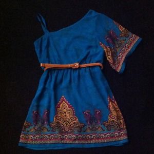 One shoulder turquoise and patterned dress w/ belt