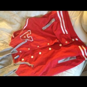 Sleeveless red letterman jacket