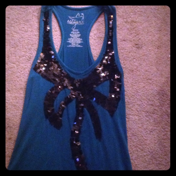 Turquoise racerback tank top, black sequined bow