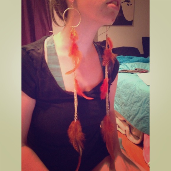 ORANGE AND GREEN FEATHER EARRINGS