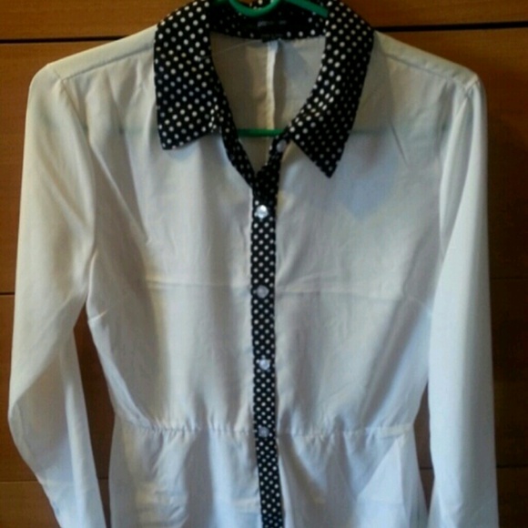 Ladies black & white polk a dot high-low blouse