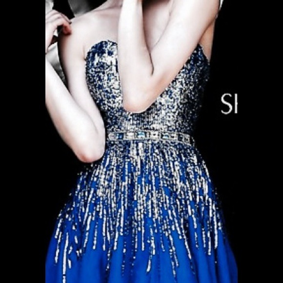 Sherri Hill Navy Beaded Strapless Dress 8413