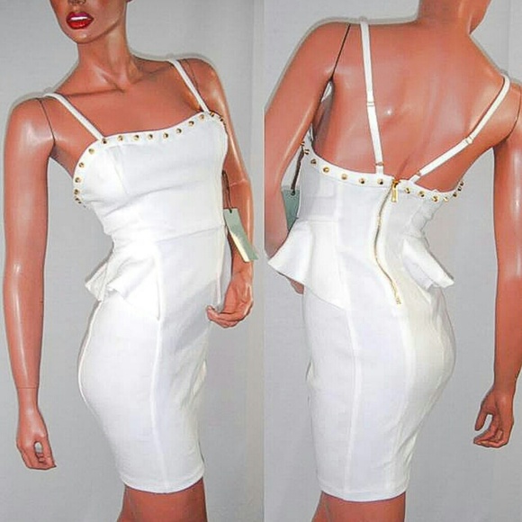 NWT! Forever 21 White Gold Studded Peplum Dress SM