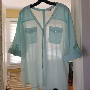 Light blue sheer button down top.
