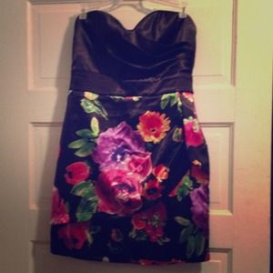 Satin strapless black & floral dress