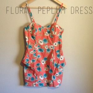 Coral Floral Print Peplum Dress