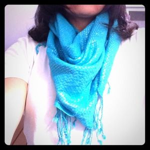 Turquoise/silver metallic threading square scarf