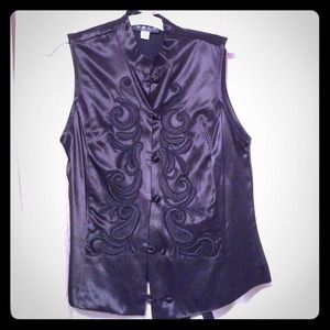 Asian inspired black satin vest w detailed embroid