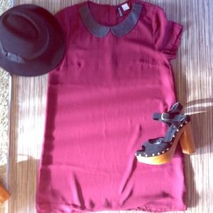 Maroon leather Peter Pan collared dress
