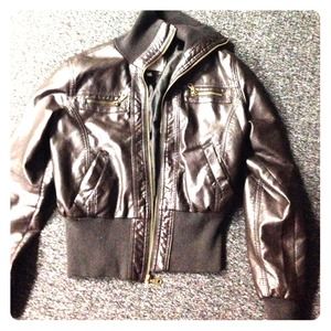 Dark brown leather jacket.