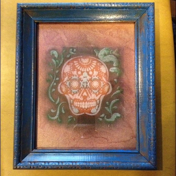Airbrushed Sugar Skull on canvas, and framed.