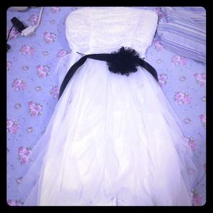 White with black flower sash, lace dress