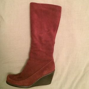 Tall wine color suede boots w/slight wedge