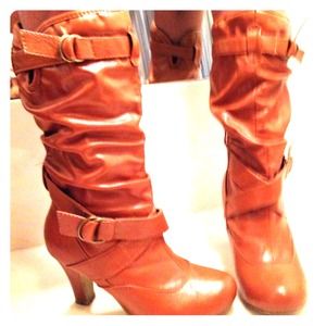 Cognac Faux Leather Mid-Calf Boots