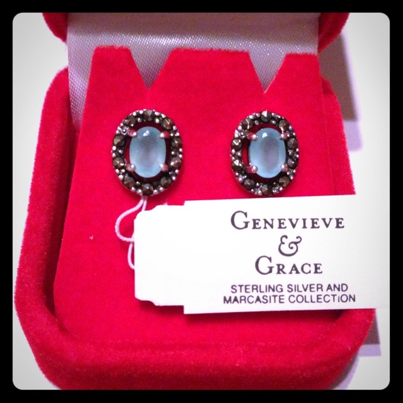 Sterling Silver Glass and Marcasite Oval Studs