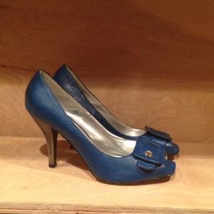 Blue Peep Toe Pumps with Gray Accent Heel