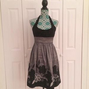 Black and grey flower halter dress with embroidery