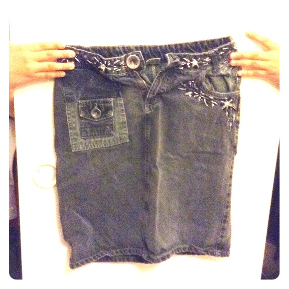 Gray dark wash knee length jean skirt